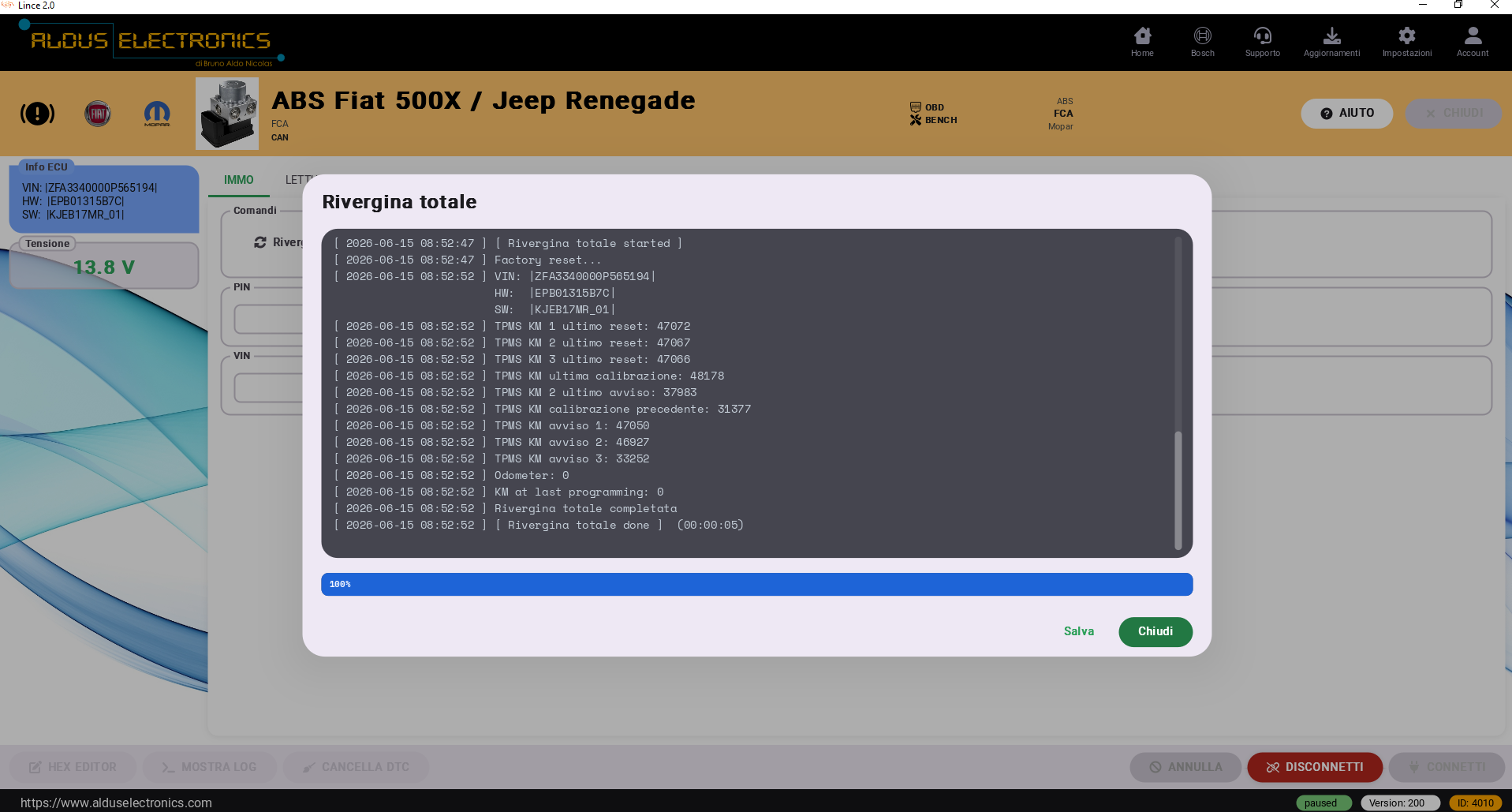 ABS Fiat 500X / Jeep Renegade reset odometro principale con Lince