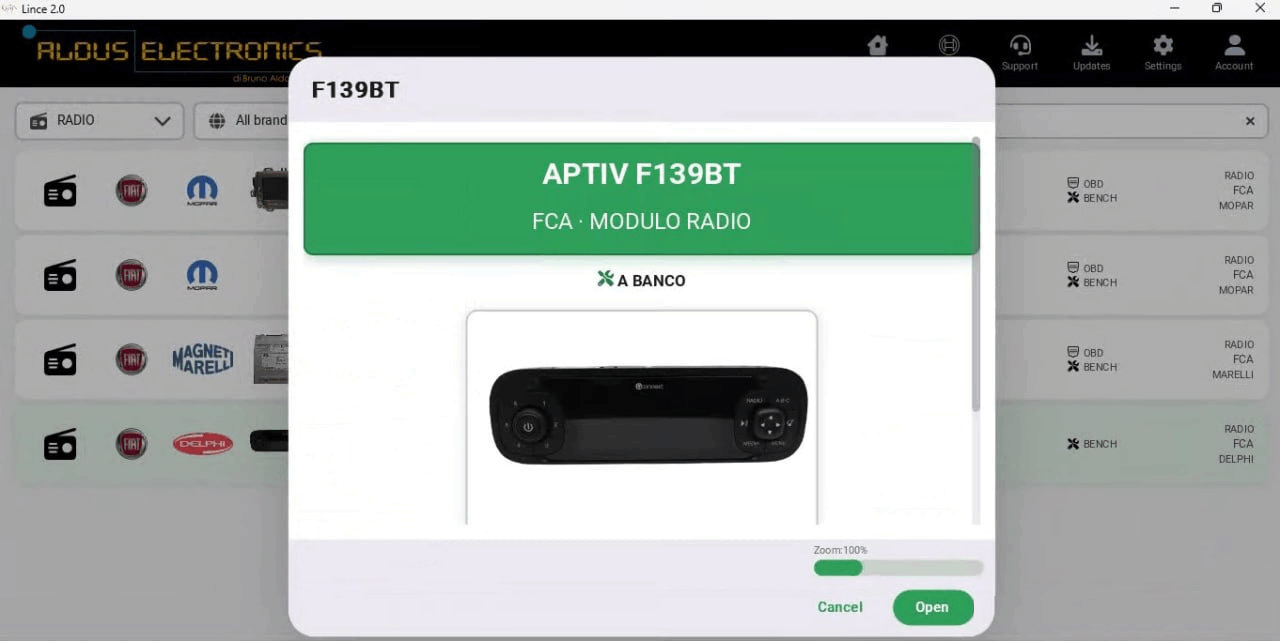 Scheda APTIV F139BT nell'elenco radio di Lince: FCA, modulo radio, modalità a banco